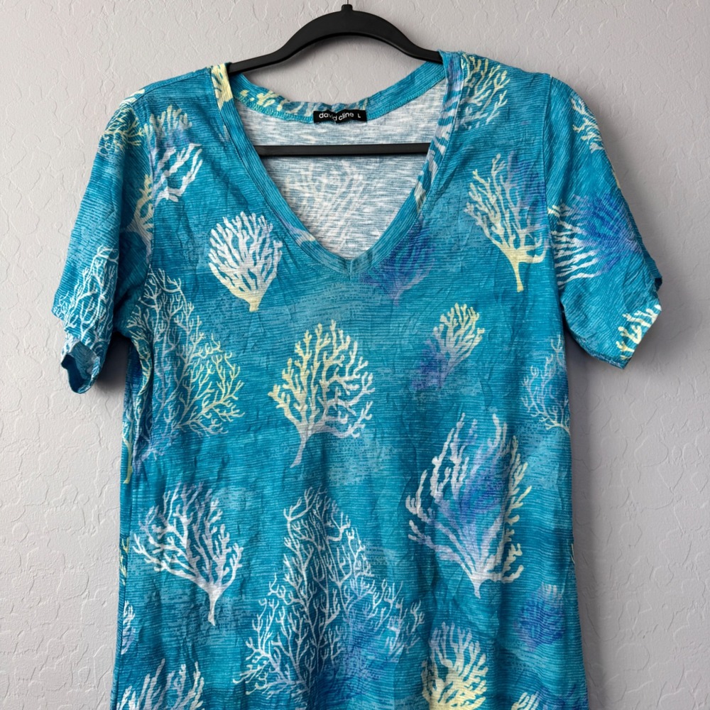 David‎ Cline Large Women's Teal Coral Print V Neck Short Sleeve Casual Dress - Picture 3 of 8
